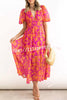 V Neck Multi Print Stretch Waist Hidden Zip Maxi Dress