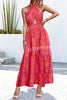 Floral Print Halter Neck Paneled Hollow Pleated Backless Maxi Dress