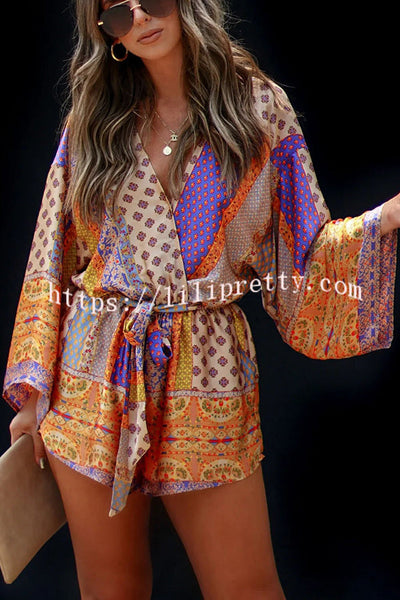 Sunset Drinks Satin Multi Printed Tie Waist Pocketed Loose Romper