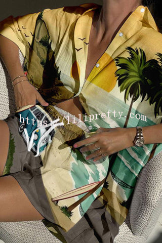 Beach Vacation Print Pocket Lace Up Button Shorts Set