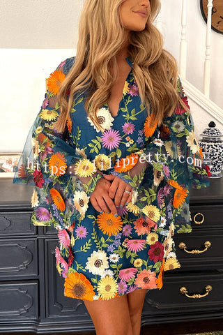 Loving Everything Embroidered Floral Applique Tiered Bell Sleeve Mini Dress