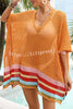 Color Block V Neck Slit Hollow Short Sleeved Knitted Cover Up