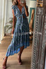 Libby Hippie Boho Printed Tie Front Ruffle Sleeve Smocked Waist Midi Dress