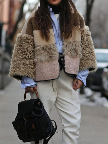 Stylish Loose Color-Block Split-Joint Stand Collar Short Cardigan Outerwear