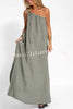 Rustic Linen Blend One Shoulder Lace Up Slit Maxi Dress