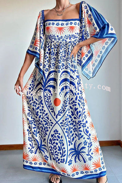 Resort Style Ethnic Print Square Neck Bell Sleeve Loose Maxi Dress
