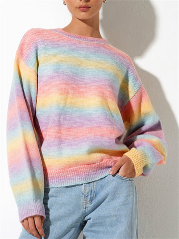Rainbow Stripe Gradient Color Round Neck Long Sleeve Casual Jumper Sweater