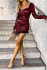 Betty Sequin Feather Long Sleeve Mini Dress