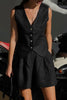 V Neck Sleeveless Single Breasted Top Side Pocket Shorts Set