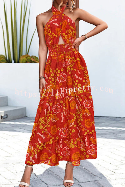 Floral Print Halter Neck Paneled Hollow Pleated Backless Maxi Dress