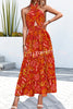 Floral Print Halter Neck Paneled Hollow Pleated Backless Maxi Dress