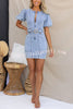 Hugo Denim Front Zipper Puff Sleeve Pocketed Belt Mini Dress