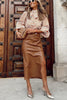 Faux Leather Ruched Slit Midi Skirt