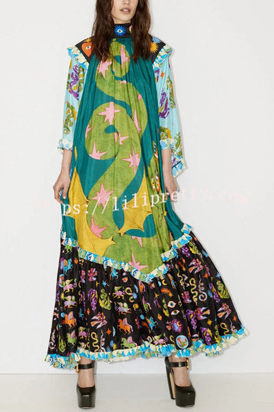 Living Drama Unique Print Contrast Ruffle Trim Bell Sleeve Loose Maxi Dress