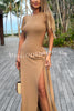 Holiday Party Ribbed Knit Cutout Waist Straps Slit Maxi Dress