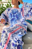 Porcelain Floral Print Bell Sleeve Loose Drape Top