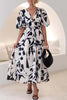 V Neck Multi Print Stretch Waist Hidden Zip Maxi Dress