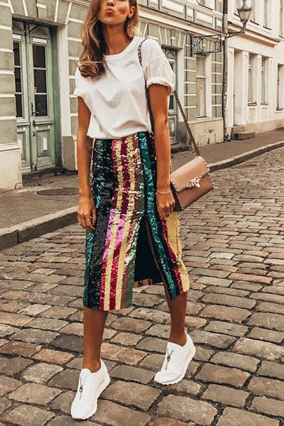 Colorful Sequin Slit Skirts