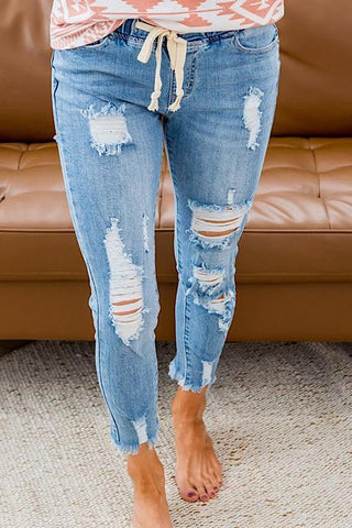 Ripped Drawstring Denim Jogger