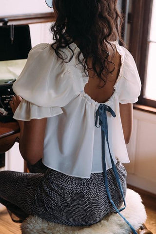Bow Tie Low Back Puff Sleeve Blouse