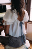 Bow Tie Low Back Puff Sleeve Blouse