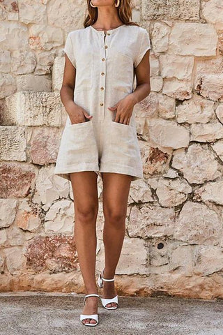 Button Pockets Short Sleeve Romper