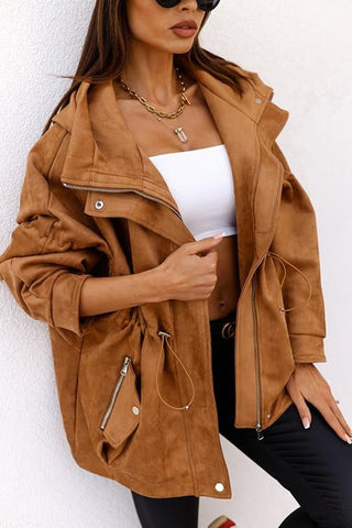 Zipper Button Pockets Drawstring Hooded Jackets