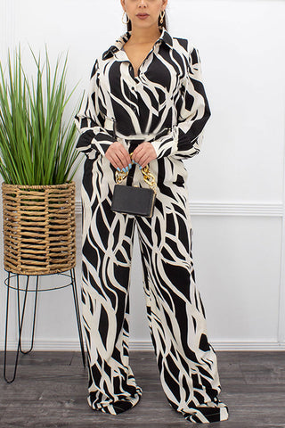 Turndown Collar Lace-Up Digital Print Jumpsuit