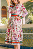 Button Floral Print Long Sleeve Pleated Dress