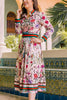 Button Floral Print Long Sleeve Pleated Dress
