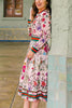 Button Floral Print Long Sleeve Pleated Dress