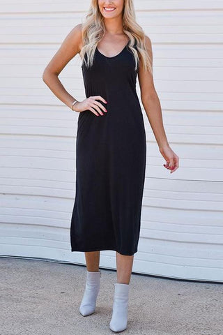 Classical V Neck Sleeveless Slit Dress