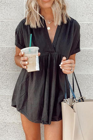 Solid V Neck Linen Tunic Dress