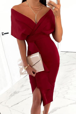 Ruffles Slit V Neck Bodycon Dress