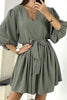 V Neck Puff Sleeve Belted Mini Dress