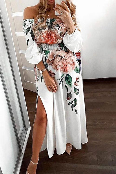 Floral Print Off Shoulder Slit Maxi Dress