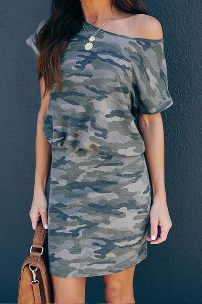 Camouflage Dew Shoulder Mini Dress