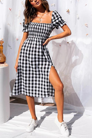 Plaid Square Neck Slit Dress