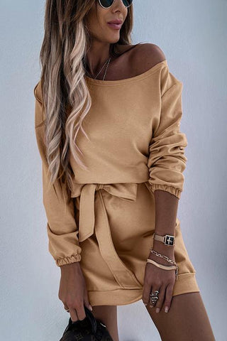 Dew Shoulder Belted Long Sleeve Mini Dress
