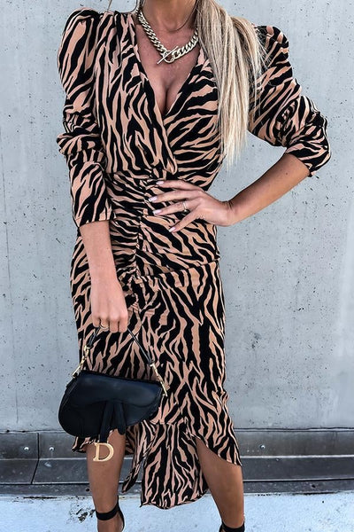 Zebra Print Ruched Puff Sleeve Dress