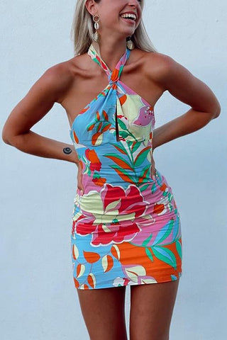 Print Halter Neck Backless Mini Dress