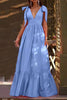 Tie Straps V Neck Tiered Ruffles Maxi Dress