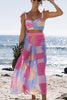 Plaid Color Block Tie Shoulder Maxi Skirt Set