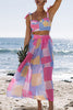 Plaid Color Block Tie Shoulder Maxi Skirt Set