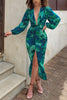 V Neck Puff Sleeve Slit Midi Dress