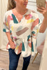 Print Cuffed Sleeves Peplum Blouse