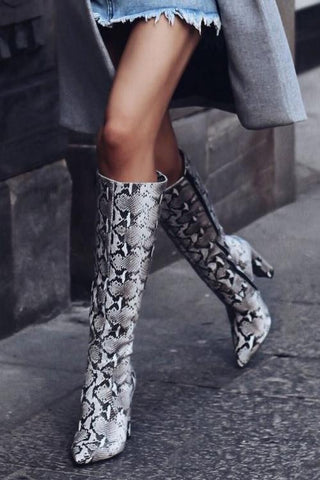 Snake Pointed Toe Knee Chunky Heels Boots