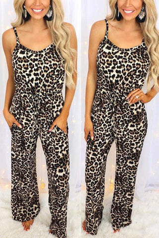 Leopard Pockets Drawstring Slip Jumpsuits