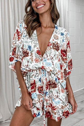 Print V Neck Button Bat Romper