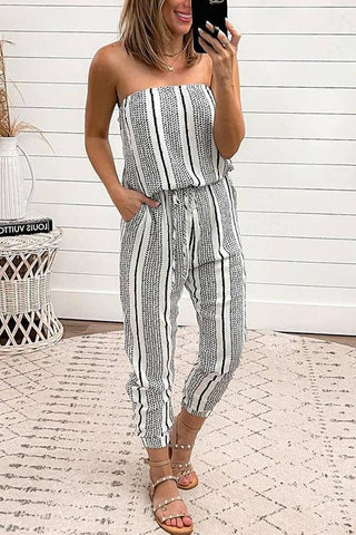Strapless Stripe Drawstring Jumpsuits